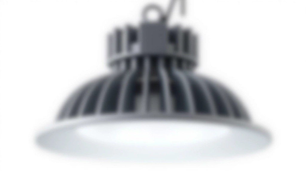 Close-up of LED high bay fixture heat sink design showing thermal management technology and aluminum cooling fins