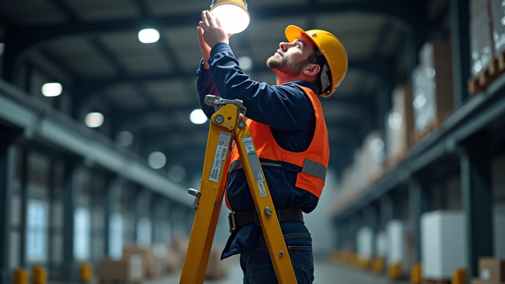 Electrician mounting LED panel fixture to warehouse ceiling using professional installation hardware and tools