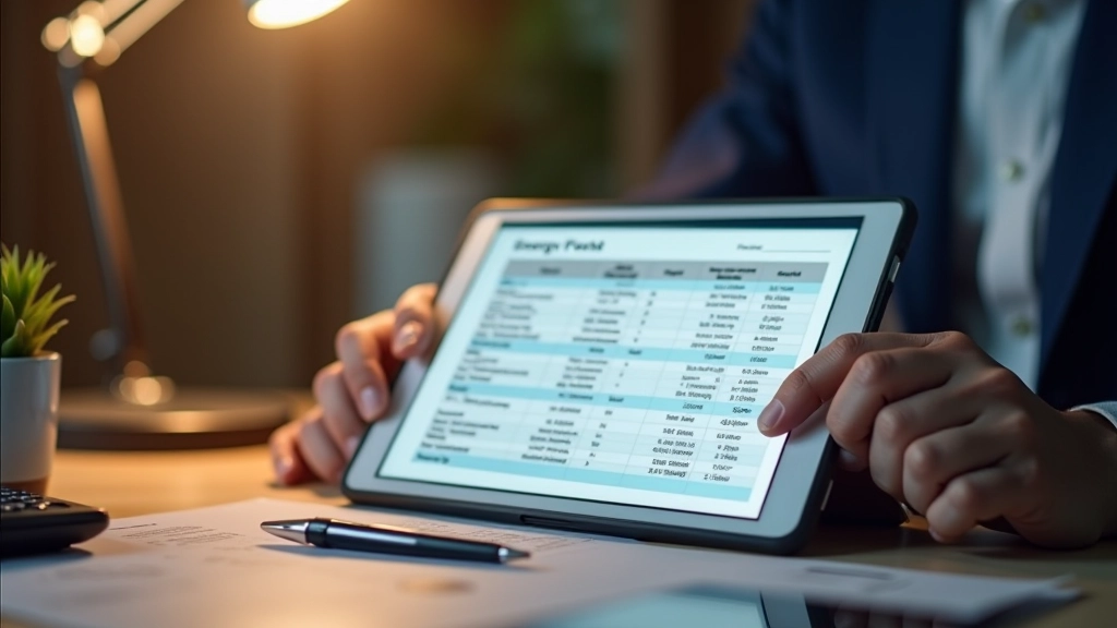Energy consumption chart comparing LED and traditional lighting costs on tablet in office setting