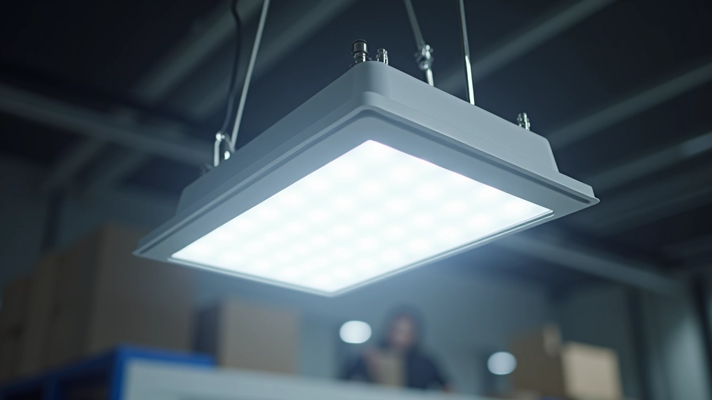 Close-up of LED high bay fixture specifications label showing wattage and technical details
