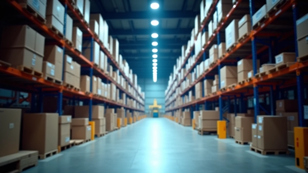 Storage facility with LED lighting creating bright workspace for warehouse operations
