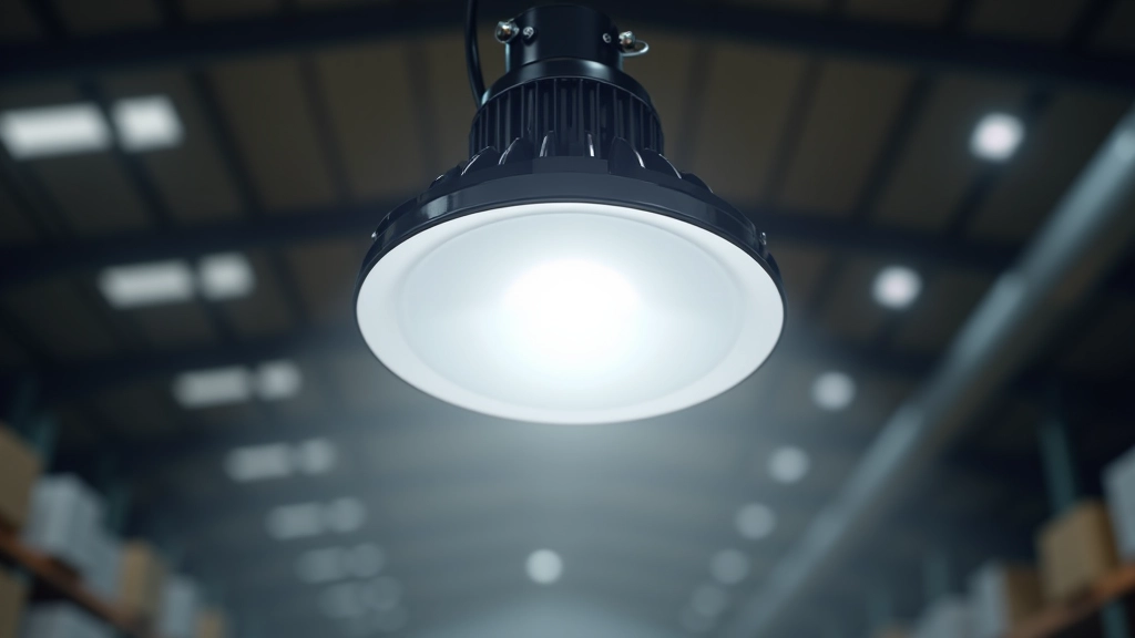 High bay LED fixture mounted on warehouse ceiling at 25 feet height with industrial mounting bracket