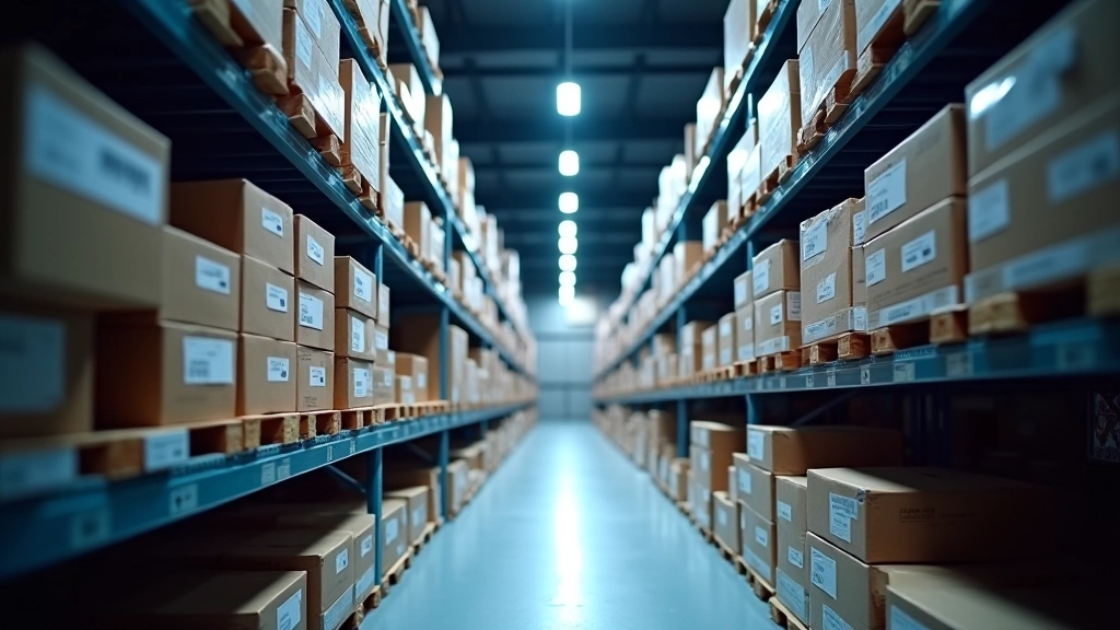 Cool white LED warehouse lighting highlighting inventory shelves with high visibility and sharp detail