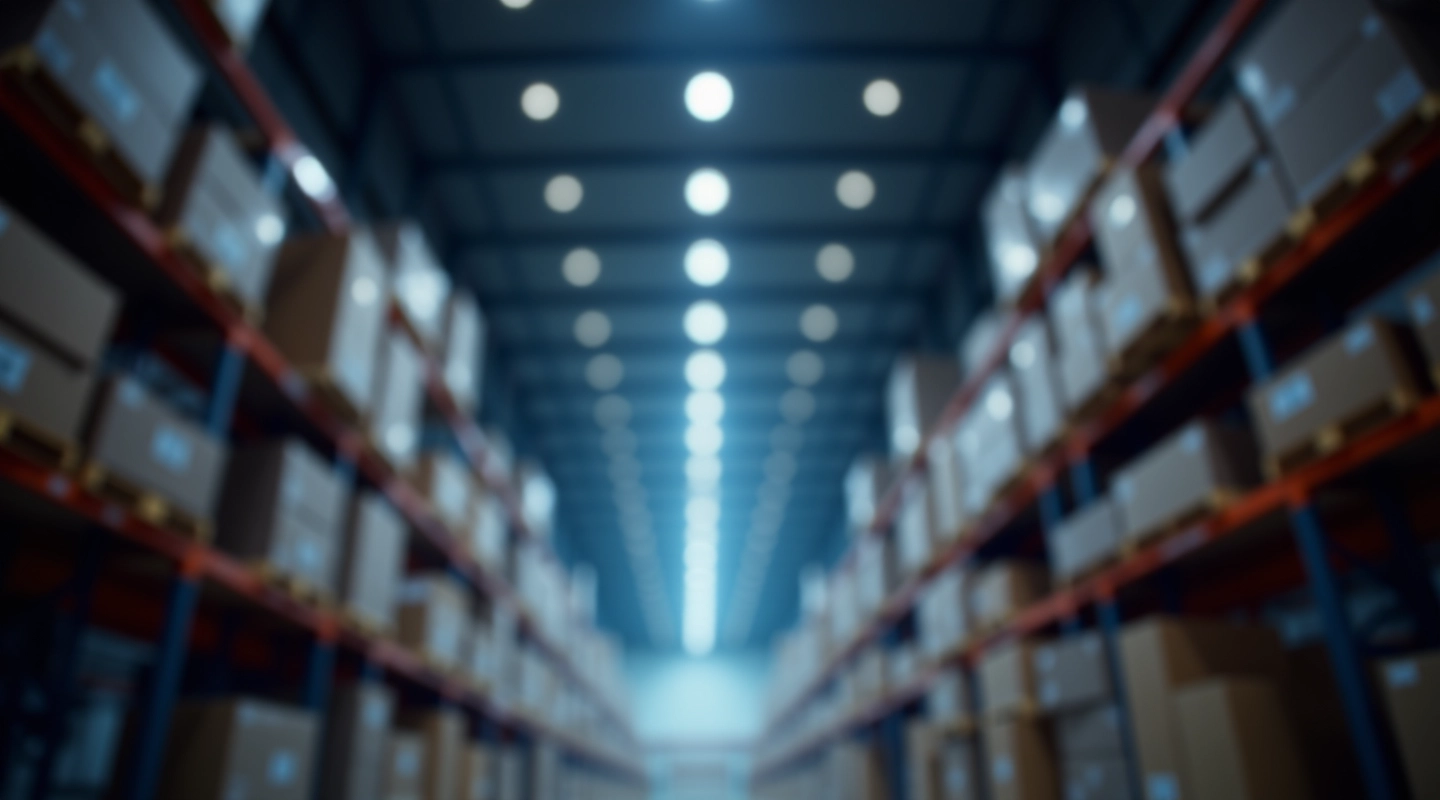 Industrial warehouse with modern LED high bay lighting system installed