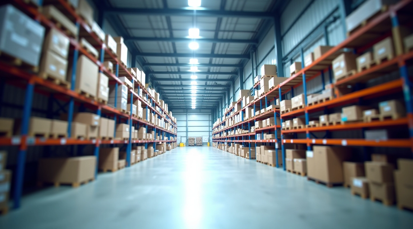 Modern warehouse interior with bright energy-efficient LED high bay lighting illuminating large open space