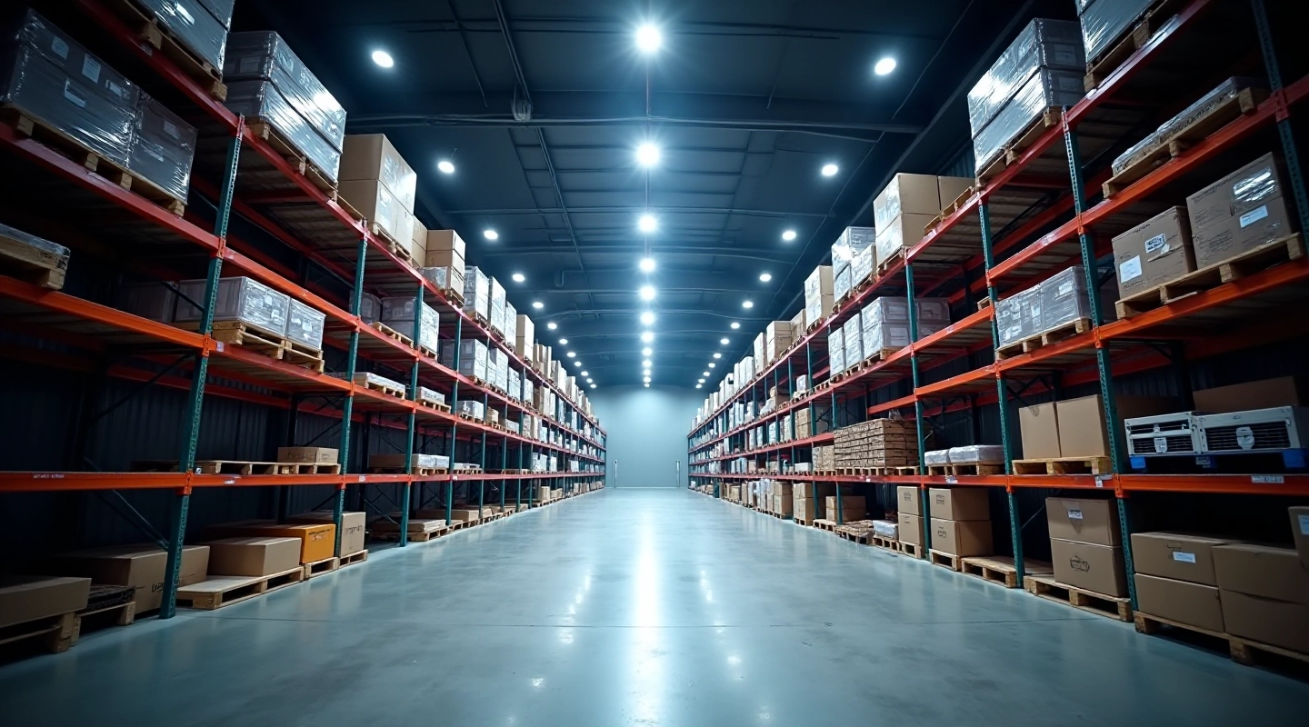 Modern warehouse with bright LED high bay lights illuminating large open space and storage racks
