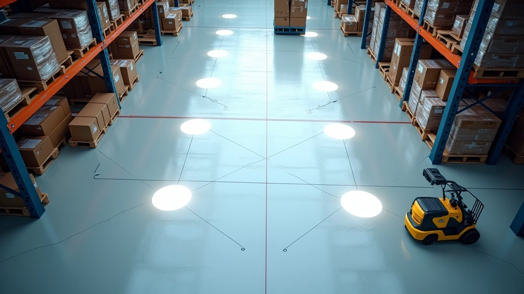 Warehouse floor plan showing LED high bay light placement with brightness distribution overlay and spacing calculations