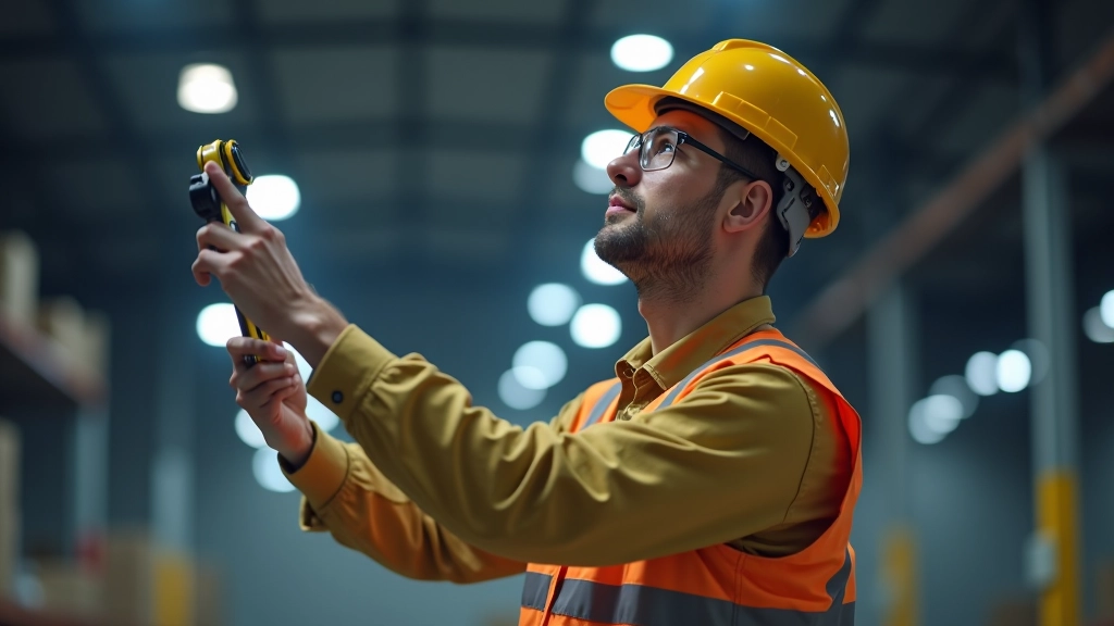 Warehouse technician measuring ceiling height and marking mounting points for LED high bay light installation