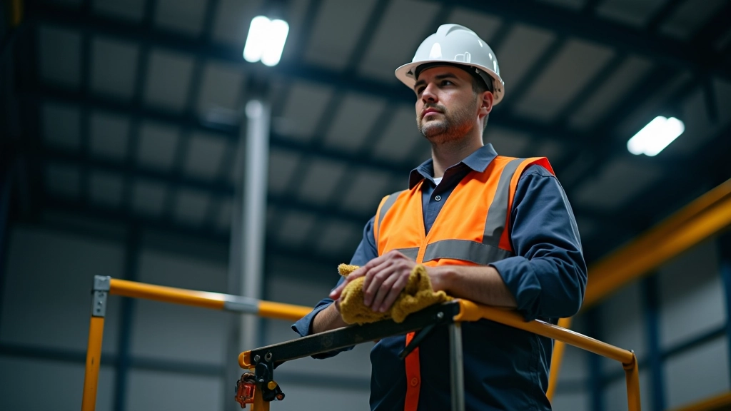 Warehouse maintenance technician performing scheduled cleaning and inspection of LED high bay light fixtures