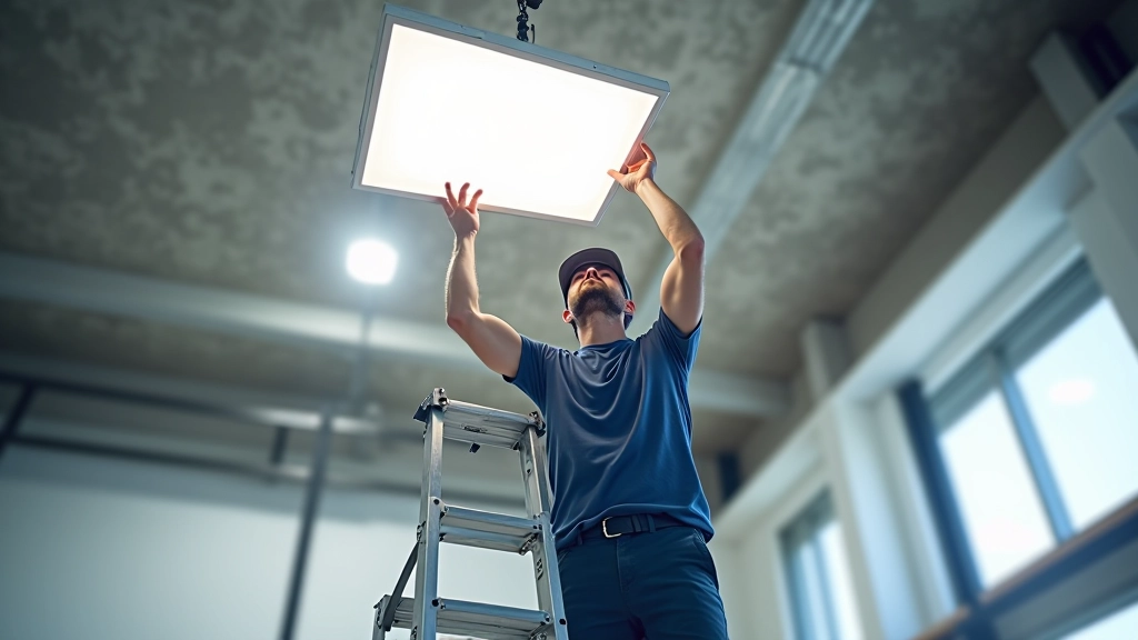 Technician installing LED panel light fixture on ceiling in industrial facility with tools