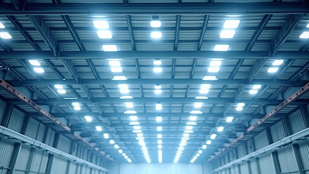 LED panel lights installed in grid pattern on warehouse ceiling creating uniform illumination