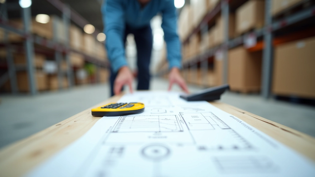 Warehouse storage area layout with LED panel light positioning diagram showing spacing and coverage zones