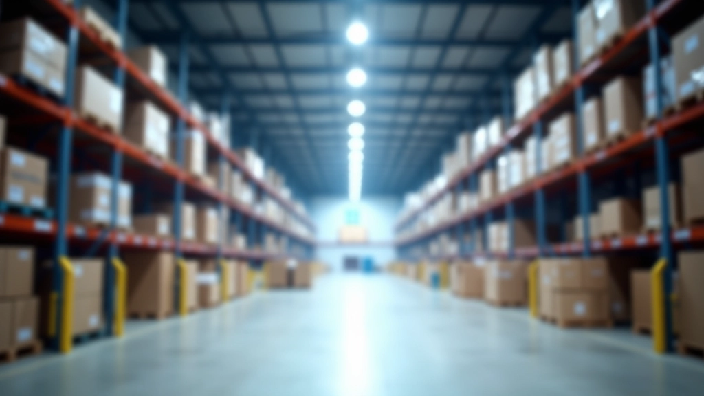 Modern warehouse interior with bright LED panel lighting installed, showing clean bright workspace compared to darker areas