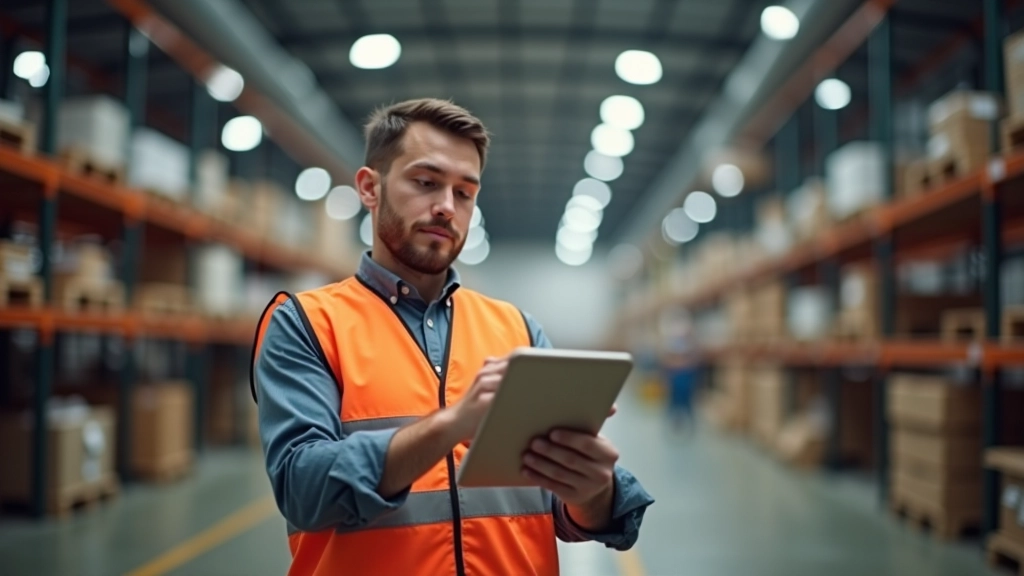 Warehouse manager reviewing LED lighting specifications on laptop while standing in well-lit facility
