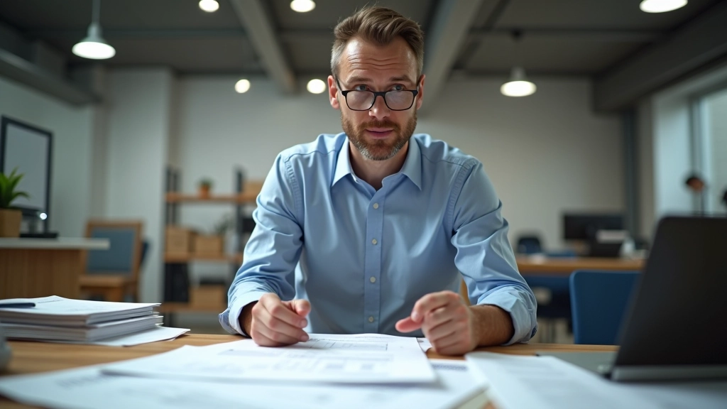 Warehouse manager reviewing LED lighting specifications and installation documentation